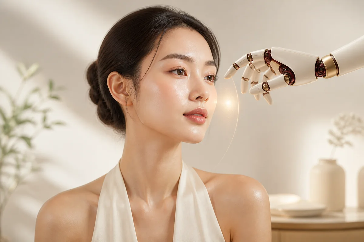 Minh họa cánh tay robot hỗ trợ quan sát bề mặt da trong không gian spa